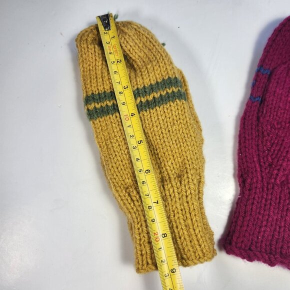 Hand Knit Mittens Lot of Womens 8.5" Long Burgundy Blue & Yellow & Green - Picture 3 of 4